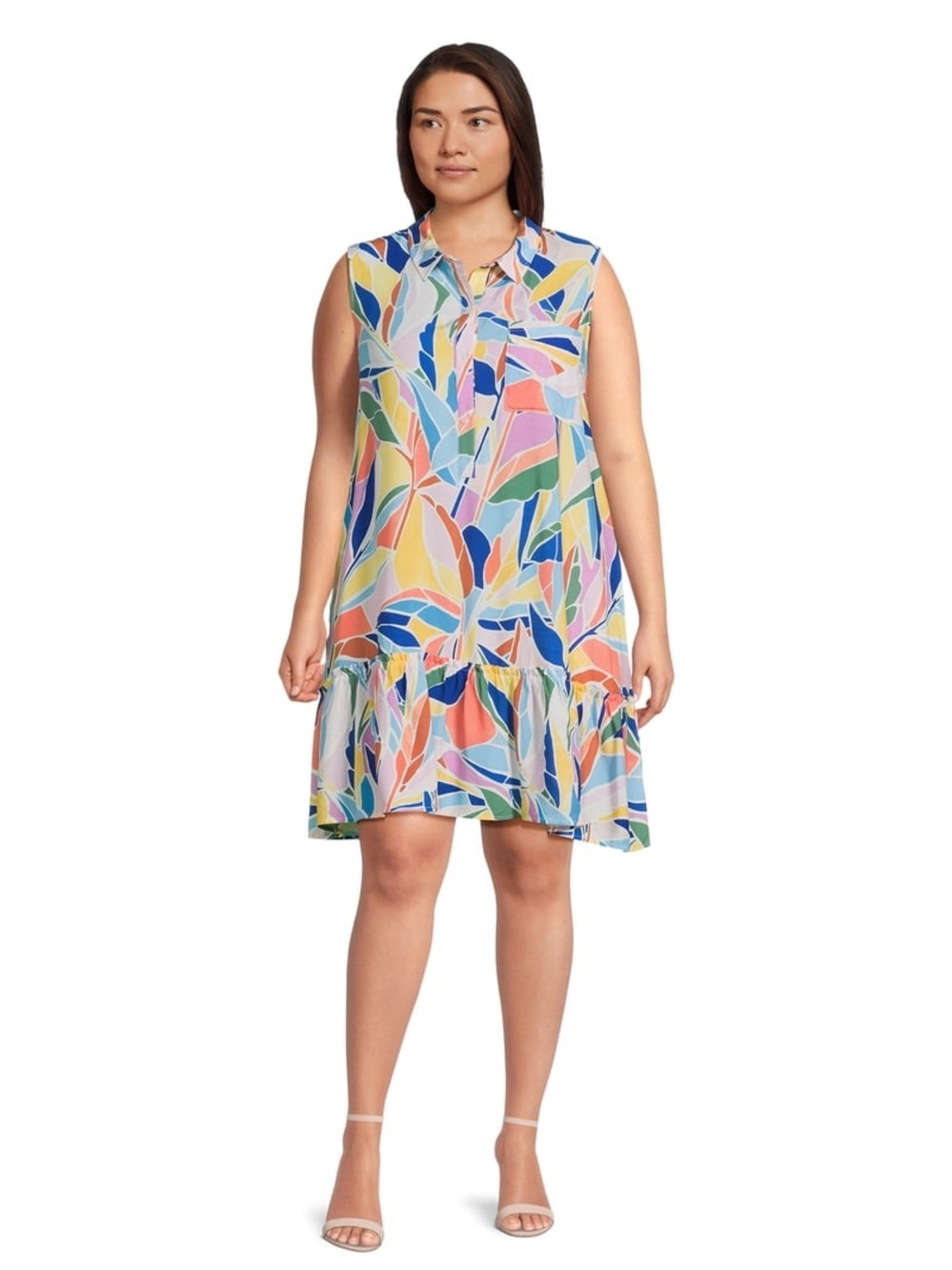 Time And Tru Abstract Tropical Print Sleeveless Shirt Dress Pockets L 12-14